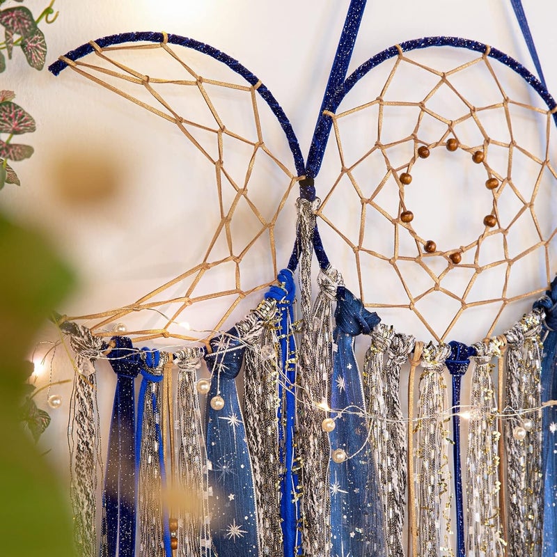 ANROYE Blue Triple Moon Goddess Macrame Wall Hanging, Boho Wiccan Crescent Dream Catcher, Bohemian Dreamcatcher Art for Women, Hippie Woven Pagan Tapestry Decor for Bedroom Decoration - Image 3